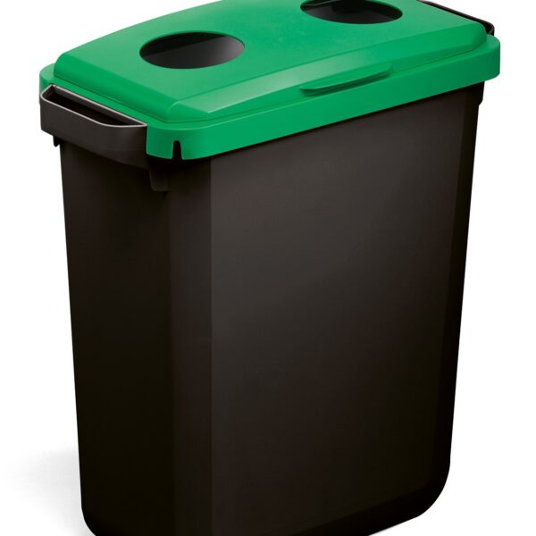 Durable DURABIN ECO 80% Recycled Plastic Waste Recycling Bin 60 Litre Rectangular Black with Green Hinged Lid with Two Circular Holes - VEH2023028
