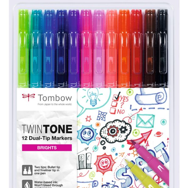 Tombow TwinTone Dual Tip Marker 0.8mm and 0.3mm Line Bright Assorted Colours (Pack 12) - WS-PK-12P-1