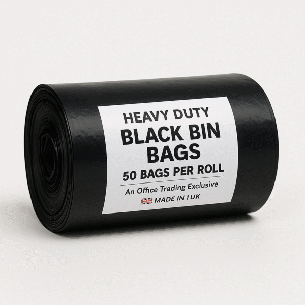 A single roll of heavy duty black bin bags with a white label showing “Heavy Duty Black Bin Bags – 50 Bags Per Roll – An Office Trading Exclusive Made in the UK,” on a white background.
