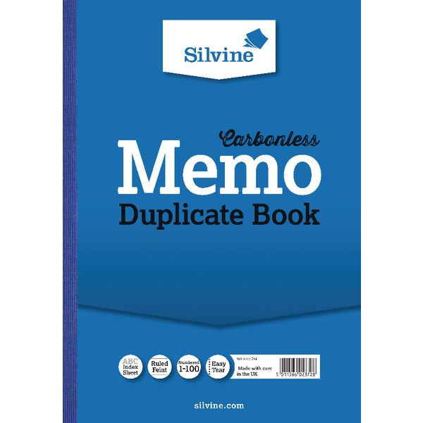 Silvine A4 Duplicate Book Carbonless Ruled 1-100 Taped Cloth Binding 100 Sets (Pack 3) - 714