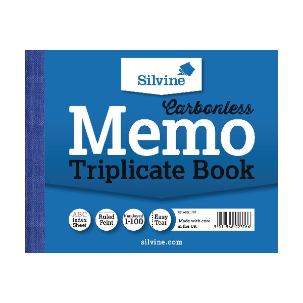 Silvine 102x127mm Triplicate Memo Book Carbonless Ruled 1-100 Taped Cloth Binding 100 Sets (Pack 5) - 707
