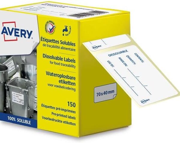 Avery Wash Off/Dissolvable Food Traceability Labels 70 x 40mm (Pack 150) - ETISOLUB.UK