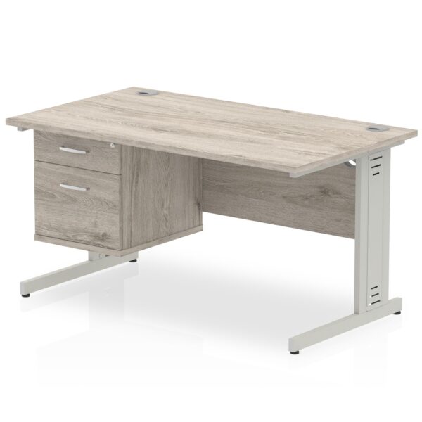 Dynamic Impulse 1400 x 800mm Straight Desk Grey Oak Top Silver Cable Managed Leg with 1 x 2 Drawer Fixed Pedestal I003456 DD