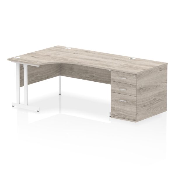 Dynamic Impulse W1600 x D1200 x H730mm Left Hand Crescent Desk Cantilever Leg With D800mm Desk High Pedestal Grey Oak Finish White Frame - I004079 DD