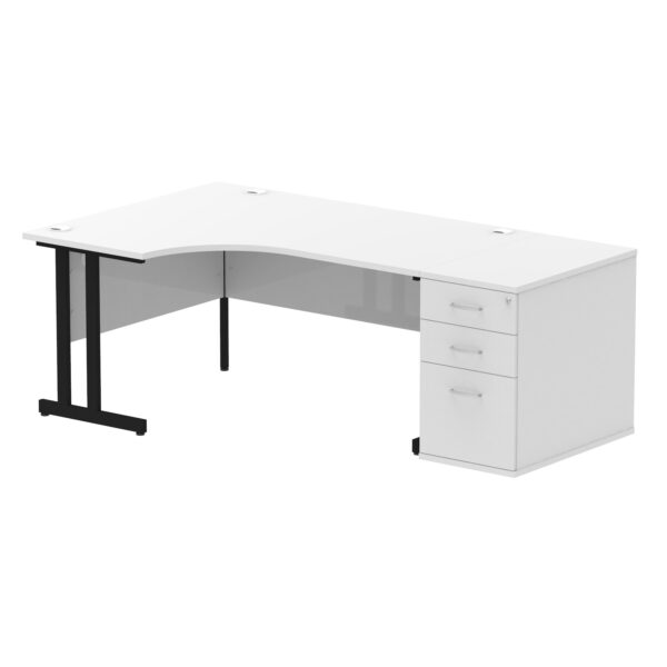 Dynamic Impulse W1600 x D1200 x H730mm Left Hand Crescent Desk Cantilever Leg With D800mm Desk High Pedestal White Finish Black Frame - I004408 DD