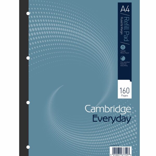 Cambridge Everyday Refill Pad A4 Card Cover Ruled With Margin 160 Pages (Pack 5) 100080234