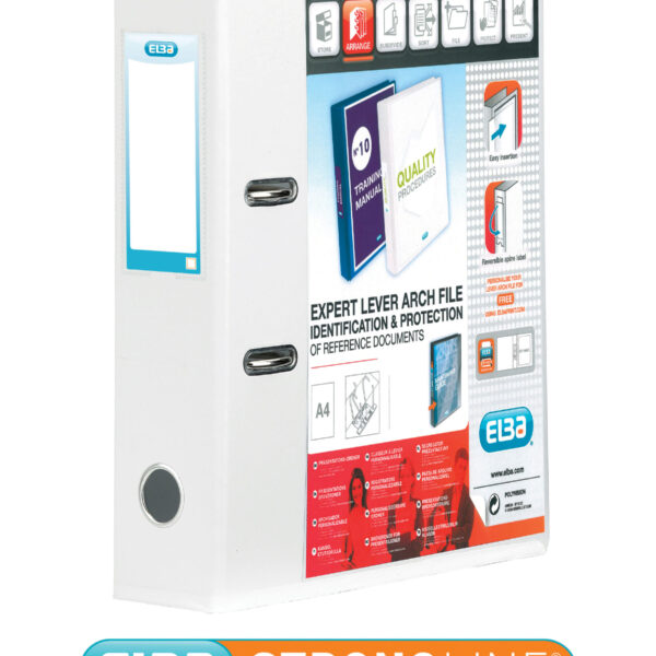Elba Strongline Lever Arch File with Front Pocket PVC A4 70mm Spine Width White 100080894
