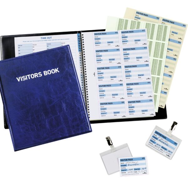 Durable GDPR Compliant Visitor Book 100 Blue Leather Look Front Cover With 100 Perforated 90x60mm Visitor Badge Inserts - 146365