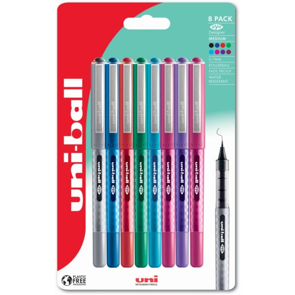uni-ball EYE Designer UB-157D Rollerball Pen 0.7mm Tip Assorted Blister Pack Plastic Free Packaging (Pack 8) - 238212253