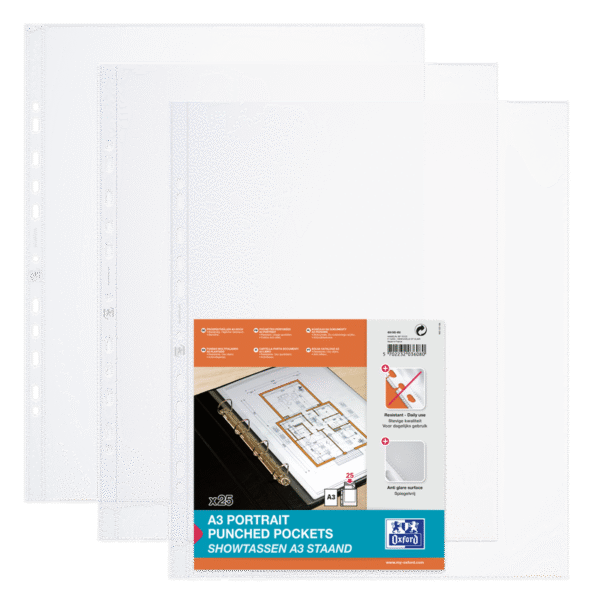 Oxford Embossed Punched Pockets A3 Portrait Clear Spine (Pack 25) 400005480