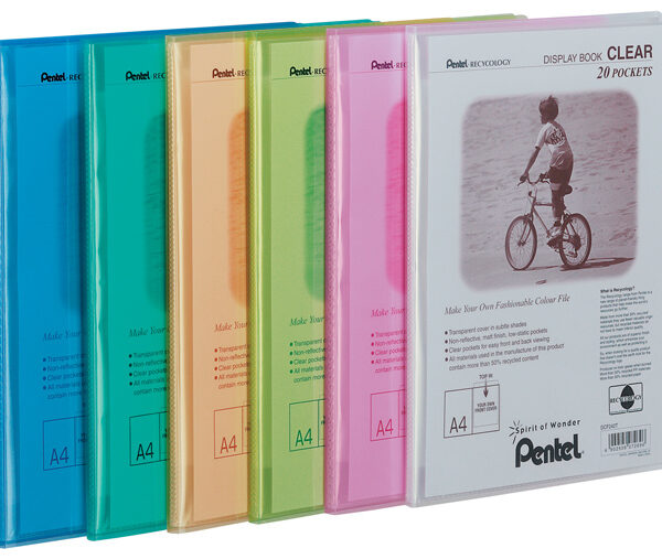Pentel Recycology A4 Display Book Clear 20 Pocket Assorted Colours (Pack 5) - DCF242/MIX