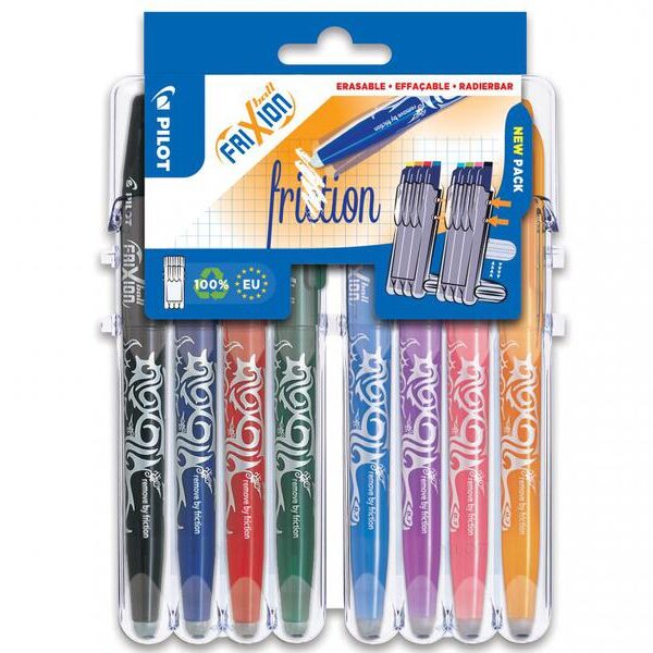 Pilot Set2Go FriXion Erasable Gel Rollerball Pen 0.7mm Tip 0.35mm Line Black/Blue/Red/Green/Sky Blue/Purple/Pink/Apricot (Pack 8) - 3131910551591