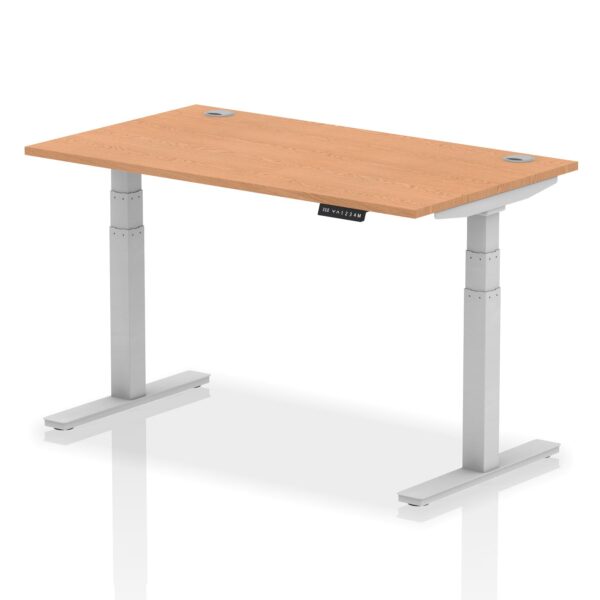 Dynamic Air 1400 x 800mm Height Adjustable Desk Oak Top Cable Ports Silver Leg HA01098