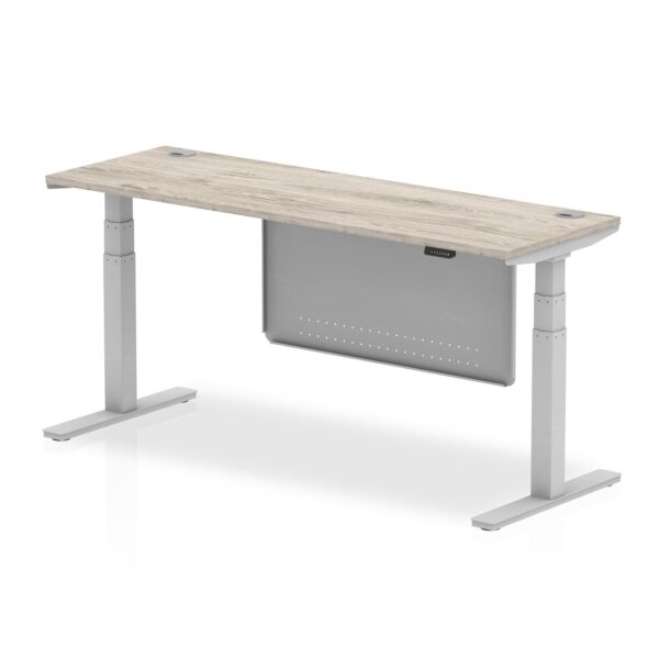 Air Modesty 1800 x 600mm Height Adjustable Office Desk With Cable Ports Grey Oak Finish Silver Frame With Silver Steel Modesty Panel - HA01420