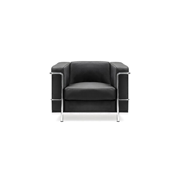 Contemporary Cubed Leather Faced Reception Chair with Stainless Steel Frame and Integrated Leg Supports - Black