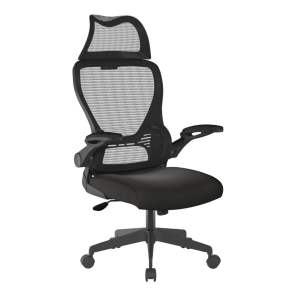 High Back Mesh Chair with Moulded Seat Foam, Folding Arms and Headrest