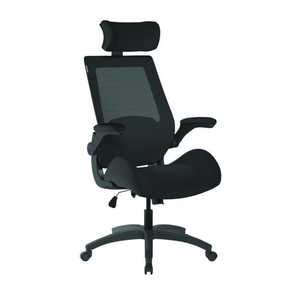High Back Mesh Chair with High Weight Capacity, Deep Moulded Seat Foam, Folding Arms and Optional Headrest - Black