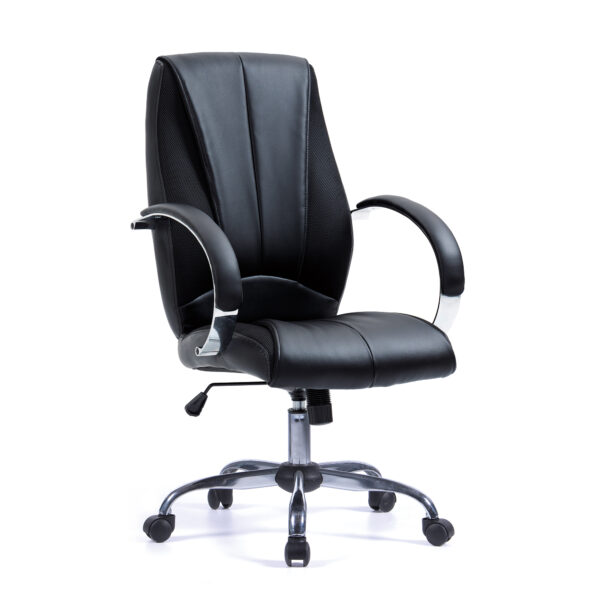 High Back Bonded Leather Manager Chair with Mesh Panel Detailing, Padded and Upholstered Chrome Fixed Arms and Chrome Base - Black