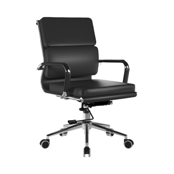 Bonded Leather Medium Back Swivel Armchair with Individual Back Cushions and Chrome Arms & Base