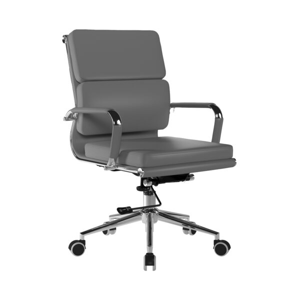 Bonded Leather Medium Back Swivel Armchair with Individual Back Cushions and Chrome Arms & Base