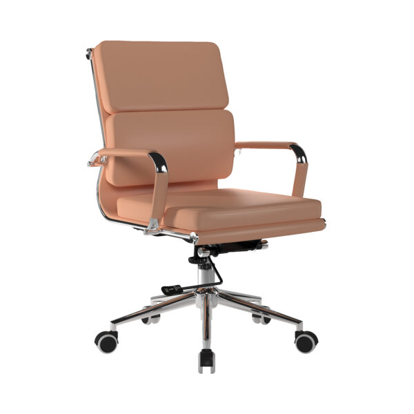 Bonded Leather Medium Back Swivel Armchair with Individual Back Cushions and Chrome Arms & Base