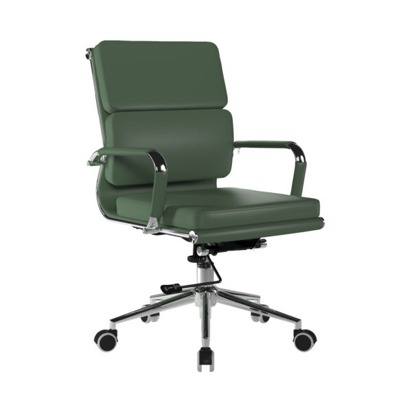 Bonded Leather Medium Back Swivel Armchair with Individual Back Cushions and Chrome Arms & Base