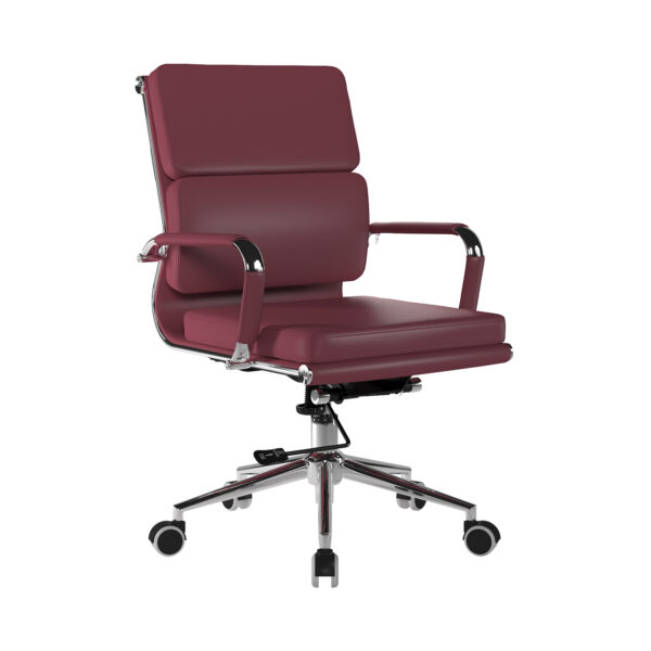 Bonded Leather Medium Back Swivel Armchair with Individual Back Cushions and Chrome Arms & Base