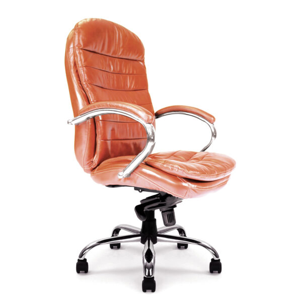 High Back Italian Leather Faced Synchronous Executive Armchair with Integral Headrest and Chrome Base