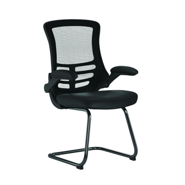 Designer High Back Mesh Cantilever Chair with Black Shell, Black Frame and Folding Arms
