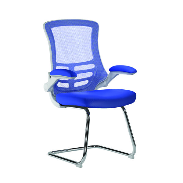 Designer High Back Mesh Cantilever Chair with White Shell, Chrome Frame and Folding Arms
