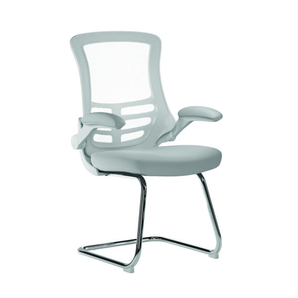 Designer High Back Mesh Cantilever Chair with White Shell, Chrome Frame and Folding Arms