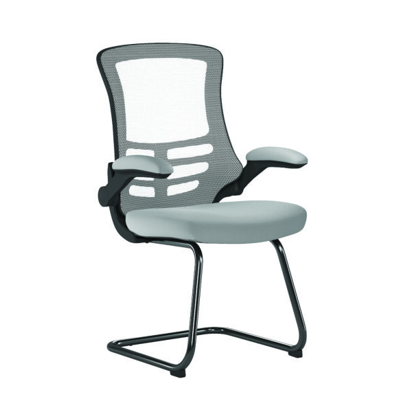 Designer High Back Mesh Cantilever Chair with Black Shell, Black Frame and Folding Arms